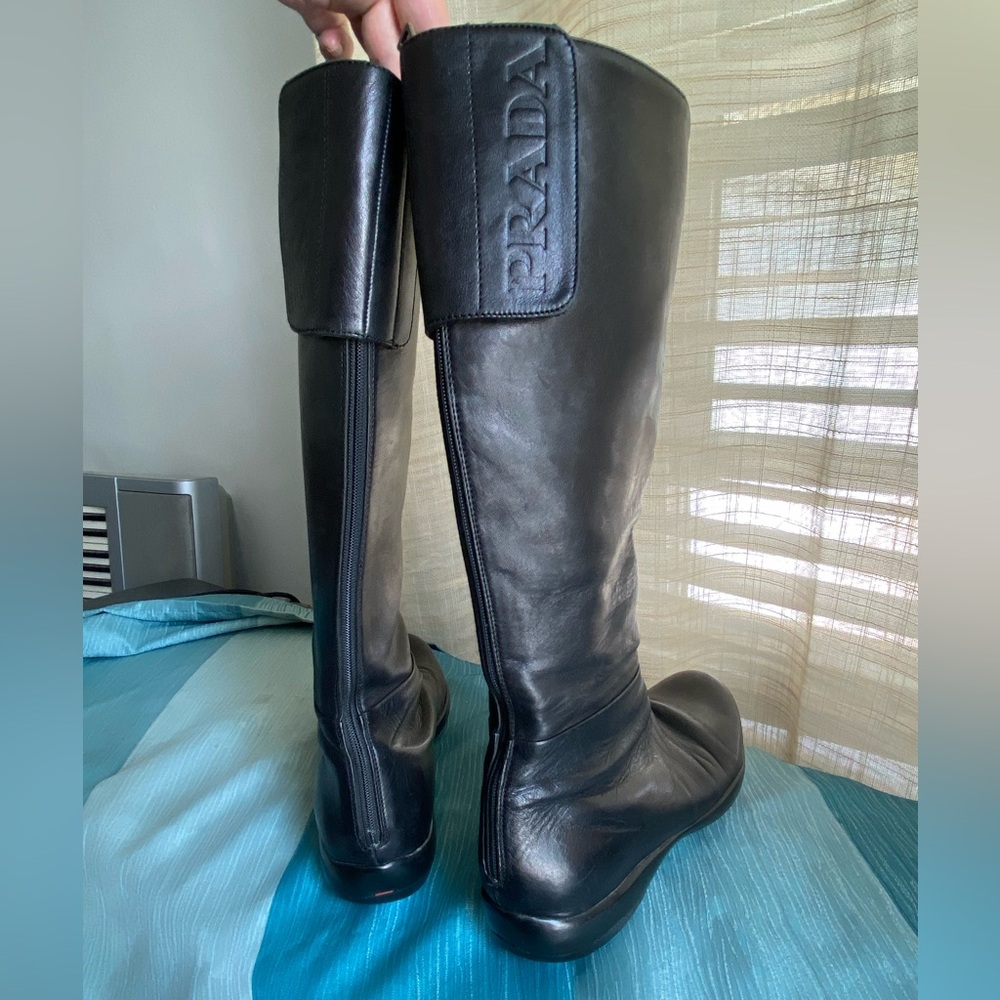 Prada Black Leather Tall Boots knee high zipper flat 36.5 Velcr booties 6.5